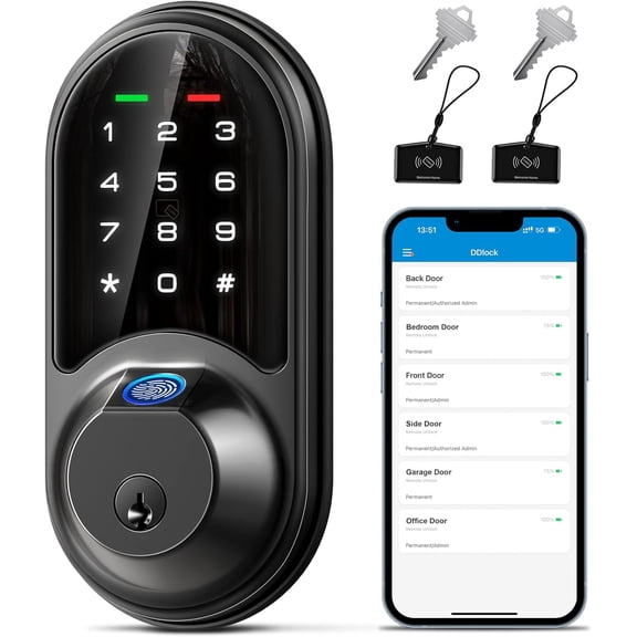 RZ07 Fingerprint Lock, 7-in-1 Locks for Front Door, Keyless Entry Door Lock with App Control, Biometric Touchscreen Keypad Deadbolt, Matte Black