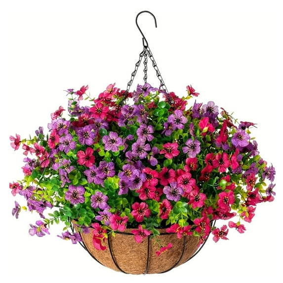RZDLIZJ 1 Set Artificial Hanging Plants Flowers Basket for Outdoor, Fake Faux UV Sun Resistant Look Real Colorful Violet Hanging Flowers for Spring Summer Porch Home Patio Balcony Yard