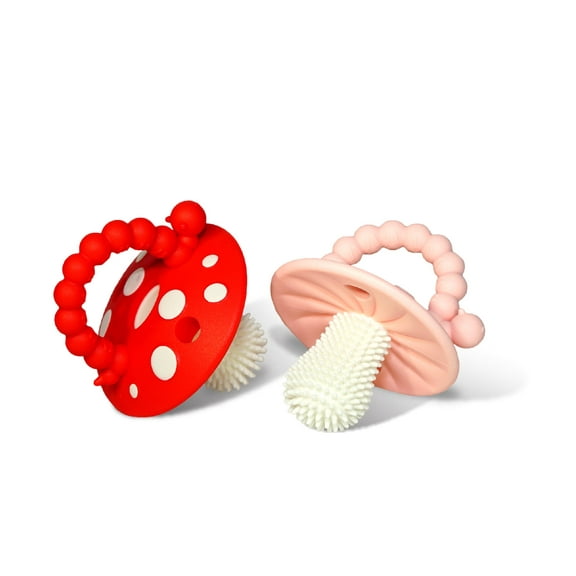 RaZbaby Chompy Teether Toy 3m+ (2-Pack), BPA-Free Silicone, Soothes Sore Gums - Red/Pink