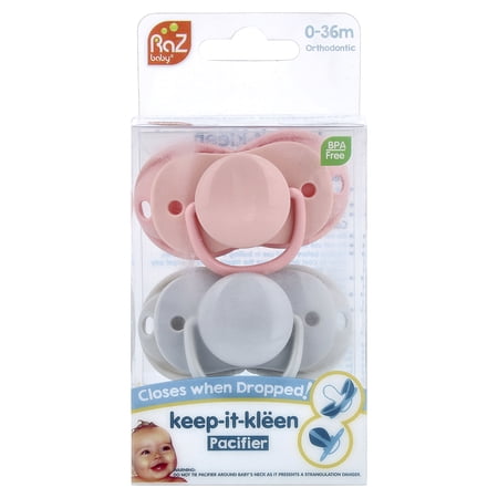 RaZbaby Keep-It-Kleen Pacifier, 0-36m, Pink & Gray, 2 Pacifiers