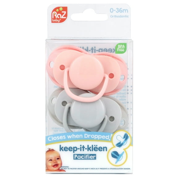 RaZbaby Keep-It-Kleen Pacifier, 0-36m, Pink & Gray, 2 Pacifiers