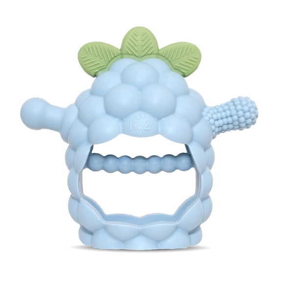 RaZbaby RaZberry Grip Silicone Teether Toy for 3M+ Drop Resistant Hand Held Teether for Babies and Infants - Patented BerryBumps Multitextured Design, Blue