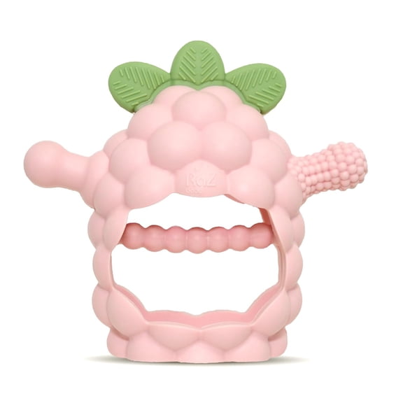 RaZbaby RaZberry Grip Silicone Teether Toy for 3M+ Drop Resistant Hand Held Teether for Babies and Infants - Patented BerryBumps Multitextured Design- Pink