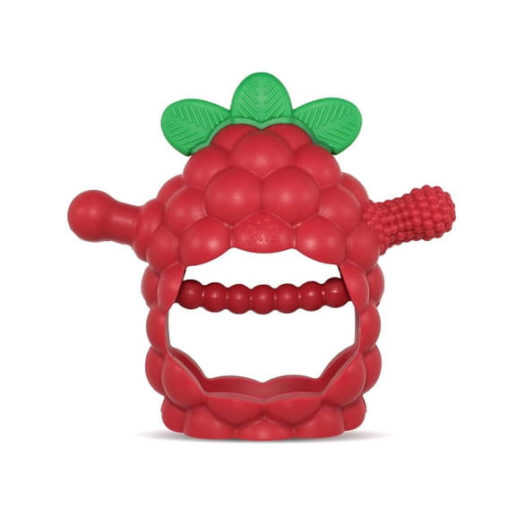 RaZbaby RaZberry Grip Silicone Teether Toy for 3M+ Drop Resistant Hand Held Teether for Babies and Infants - Patented BerryBumps Multitextured Design, Red