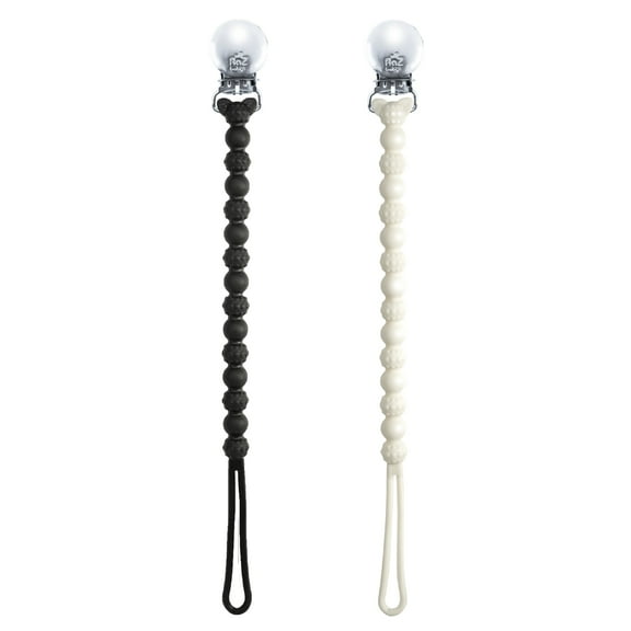 RaZbaby RaZzies Silicone Pacifier Holder (2-Pack) Universal & Lightweight for Most Pacifiers & Teethers | Black/White