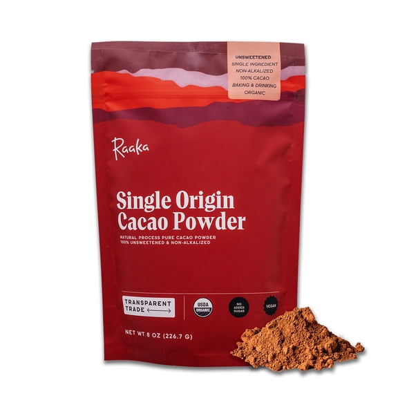 Raaka Organic Cacao Powder - Unsweetened, Non-Alkalized, 8oz Resealable Bag