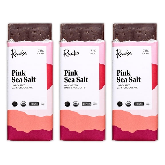 Raaka Pink Sea Salt Organic Dark Chocolate - 71% Cacao - Gourmet Dark Chocolate Gift Box - Organic, Vegan, Gluten Free, Kosher | 1.8oz Bars, 3-Pack