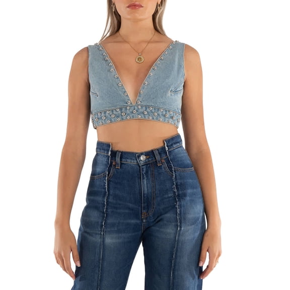 Rabanne Ladies Light Blue Denim Studded Denim Bralette, Brand Size 34 (US Size 2)