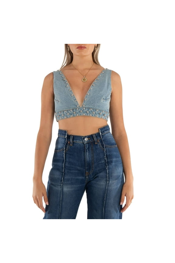 Rabanne Ladies Light Blue Denim Studded Denim Bralette, Brand Size 34 (US Size 2)