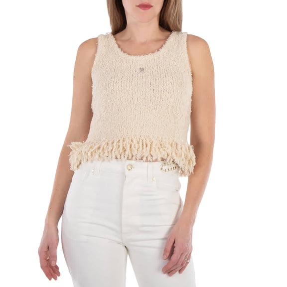 Rabanne Logo-Plaque Fringed Knitted Top, Size X-Small