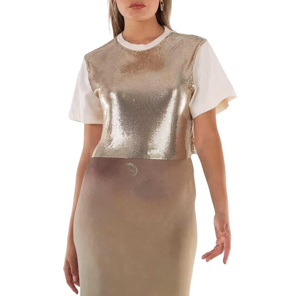 Tシャツ・カットソー Paco Rabanne Cropped Cotton Top With Shimmering l Rabanne Sequin Short-Sleeve Cropped Top, Brand Size 38 (US