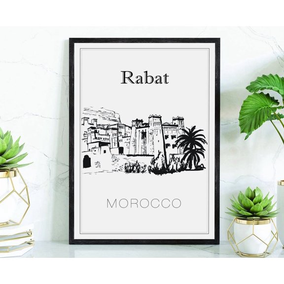 Rabat Morocco Landmark Wall Art Print With Hand Drawn City Map And Office Decor