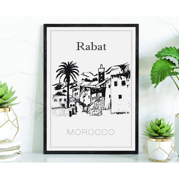 Rabat Morocco Travel Wall Art Print With Hand Drawn Cityscape Landmark Map