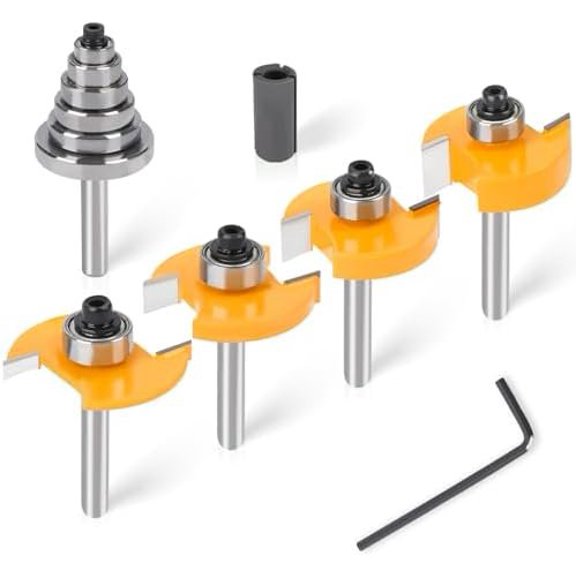 Rabbeting Router Bit Set with 6 Bearings, 1/4-Inch Shank, 4 count Bits | (1/8",3/8" to 1/2" Height) for Woodworking, Rabbet, Biscuit Joiner & Slot ,Bearings with 1/2" to 1/4" Router Collett