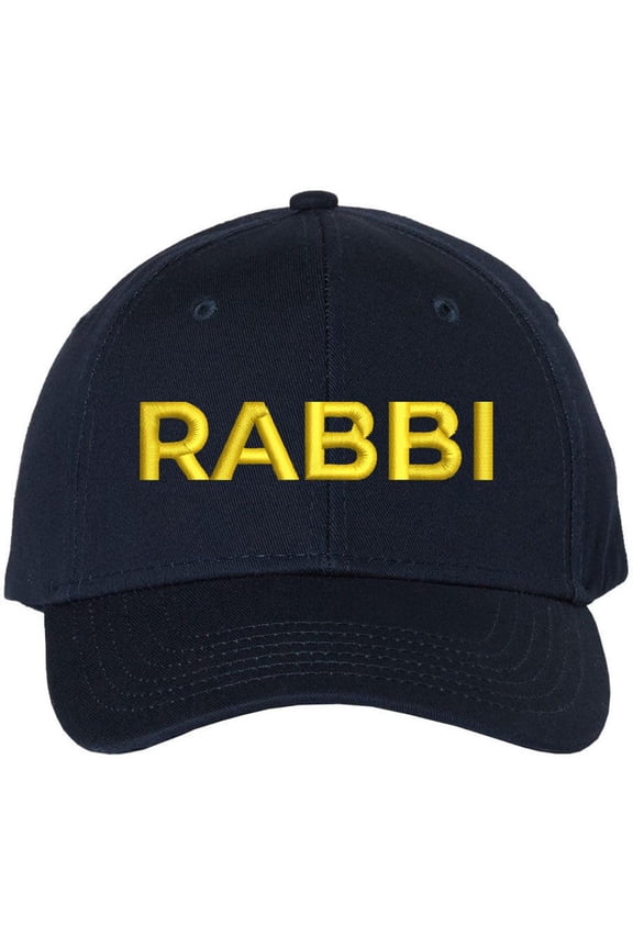 Rabbi Embroidered Baseball Cap | Text Spiritual Leader Torah Scholar Trip School Structured Adjustable Hat (Navy/Gold)