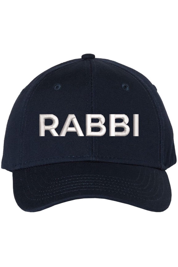 Rabbi Embroidered Baseball Cap | Text Spiritual Leader Torah Scholar Trip School Structured Adjustable Hat (Navy/White)