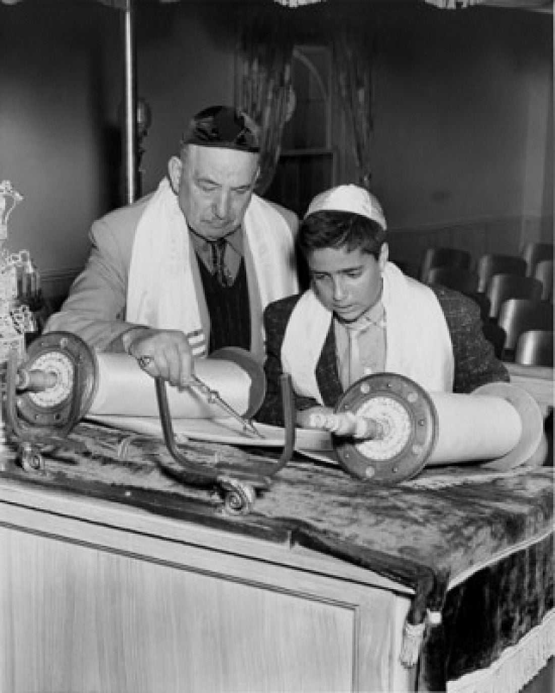 Rabbi and boy reading from torah at bar mitzvah Canvas Art - (24 x 36)