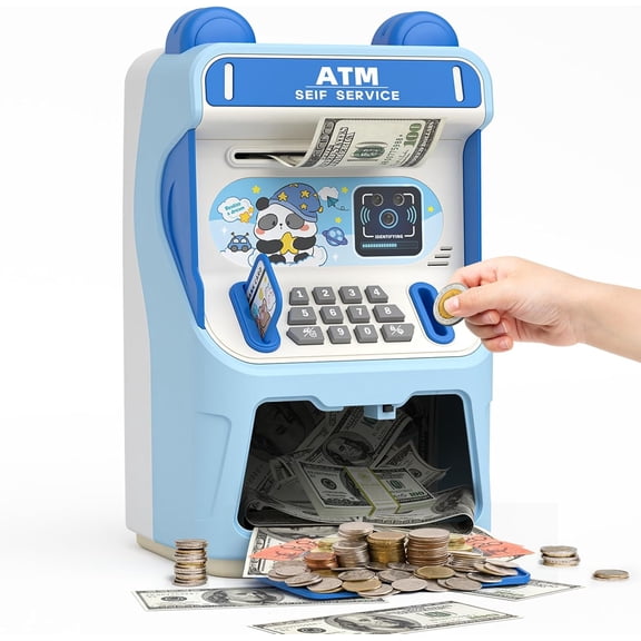 Rabbit ATM Piggy Bank for Girls with Automatic Bill Roller, Electronic Coin Bank with Simulated Card Slot & Facial Recognition, ATM Money Saving Box with Music Function for Kids(Blue)