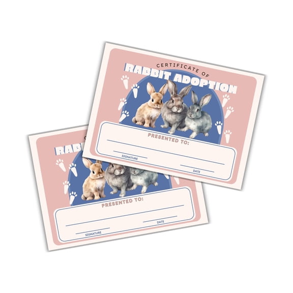 Rabbit Adoption Certificate 30pk 5x7 Easter Bunny Save New Pet Animal Adopt Milestone Award Basket Stuffed Animal Care Gift Date and Signature