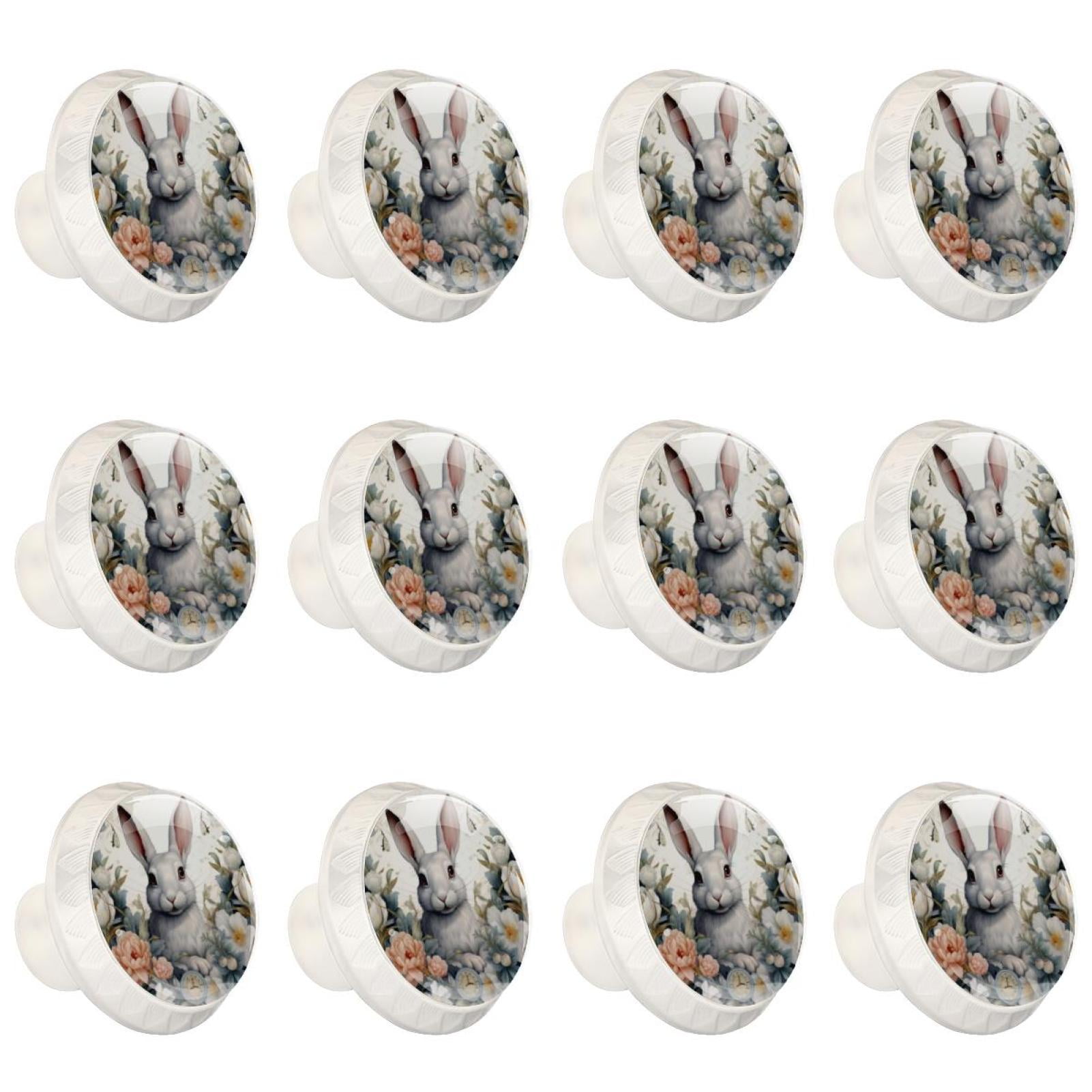 Rabbit Animal 12 Pcs White Round Drawer Pulls with Screws,ABS and Glass