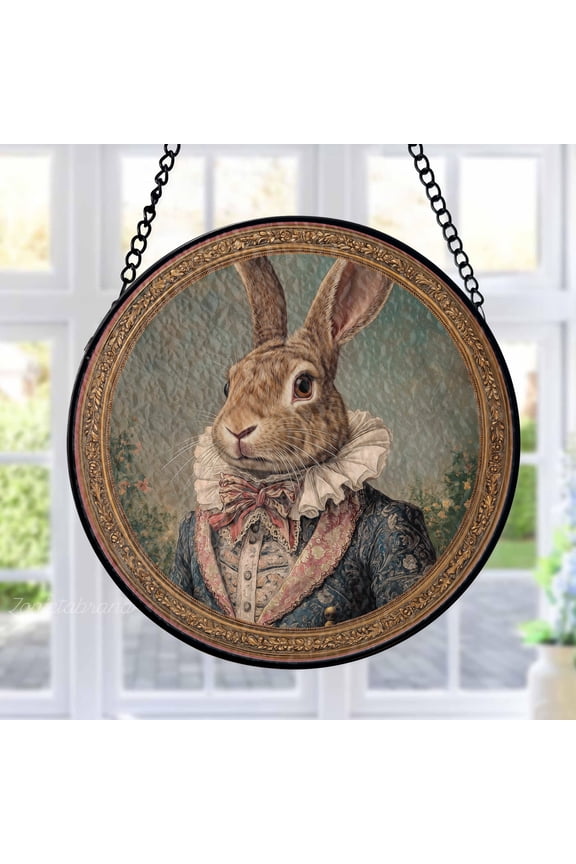 Rabbit Aristocrat Stained Glass Suncatcher Metal Outdoor Decor Vintage Whimsical Multi-Color