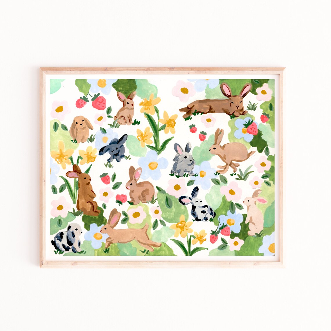 Rabbit Art Poster Floral and Strawberry Design (Multiple Sizes ...