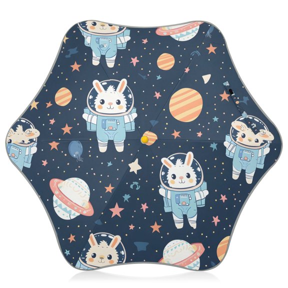 Rabbit Astronaut Pattern Kids Umbrella Rain Umbrella Clear Grip Handle Folding Umbrellas UV50+ 35in