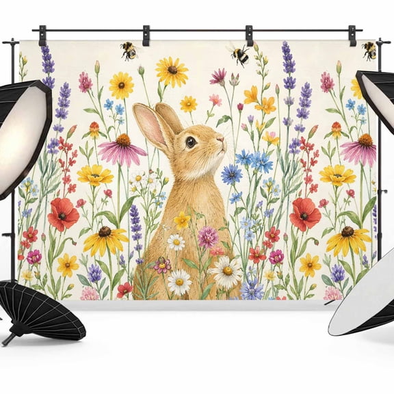 Rabbit Backdrops for Photography, Wildflowers Lavender Daisy Easter Rustic Fabric Photo Background Sturdy Studio Props for Photo Studio, Video Recording, Booth & Photoshoot 7x5ft