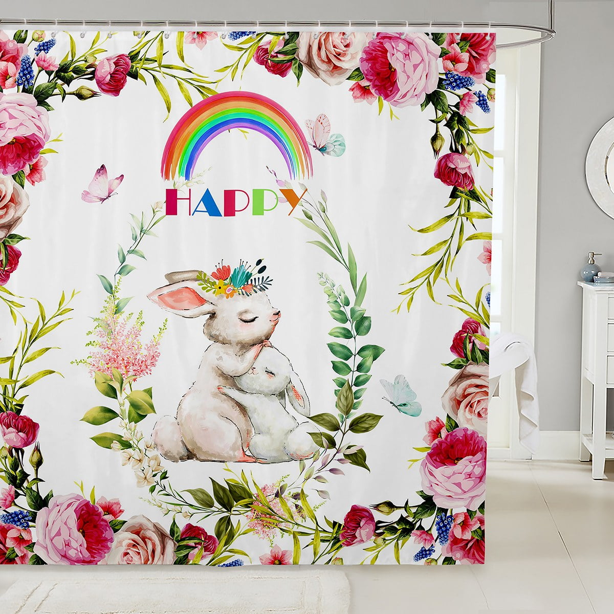 Rabbit Bathroom Accessories Kawaii Decor,Farm Animals Shower Curtain ...