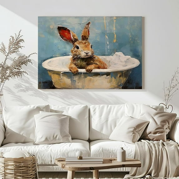 Rabbit In Bathtub Canvas Poster Wall Decor, Bathroom Wall Art Painting, Animal Decor, Bathroom Decor, Nursery Decor, Bunny Wall Art, Rabbit Wall Art Kids Ready To Hang