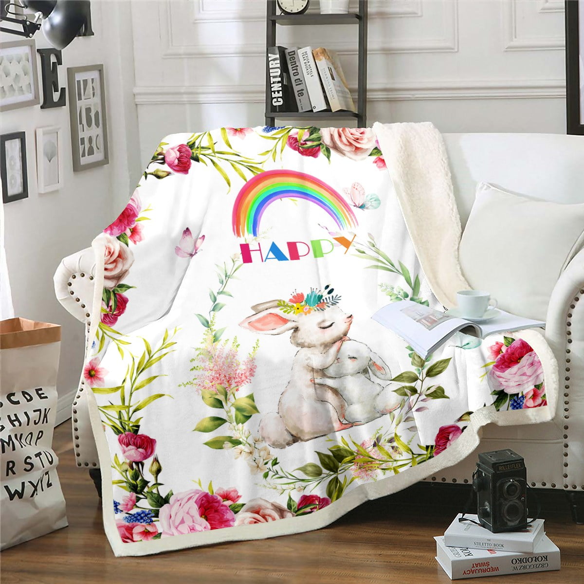 Rabbit Blanket Living Room Decor,Wildlife Farm Animal Throw Blanket for