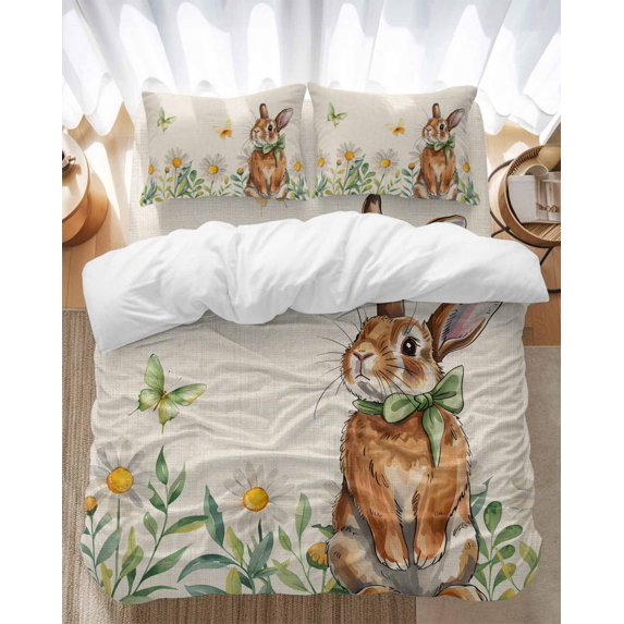 Rabbit Butterfly Daisy Bedding Duvet Cover Set Full Size 4 Pieces Pastoral Flowers Linen Texture Bedding Set with Zipper Closure, 1 Comforter Cover 86x86 Inches 1 Flat Sheet & 2 Pillow Cases