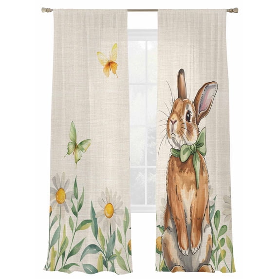 Rabbit Butterfly Daisy Sheer Curtains 108 Inch Long 2 Panels, Pastoral Flowers Linen Texture Light Filtering Rod Pocket Semi Sheer Curtains, Sheer Voile Drapes for Living Room Bedroom, 52"x108"
