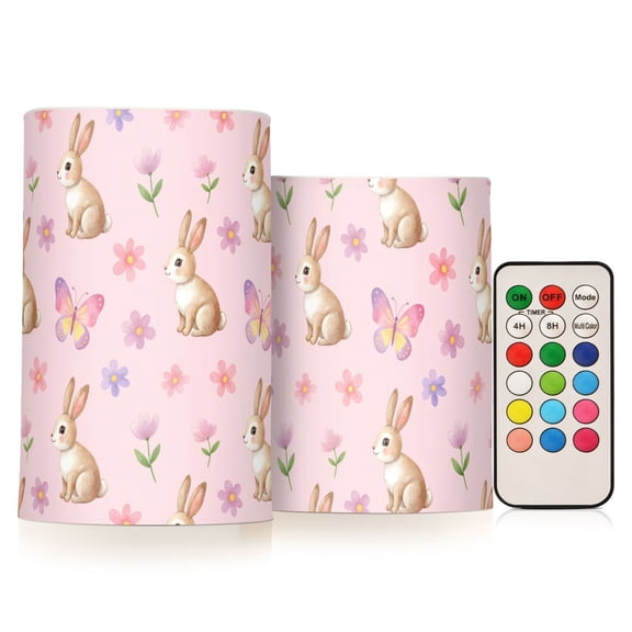 Rabbit Butterfly Flower Flickering Flameless Candles Battery Operated with Remote Timer LED Pillar Candles Set of 2