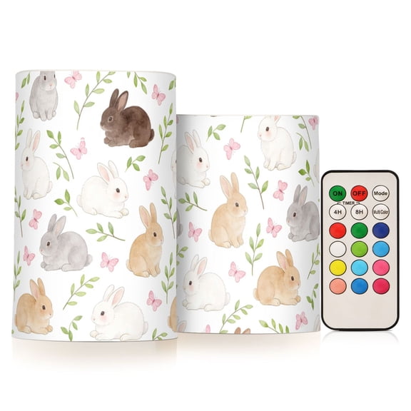 Rabbit Butterfly Leaf Flickering Flameless Candles Battery Operated with Remote Timer LED Pillar Candles Set of 2