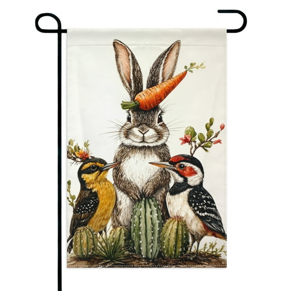 Rabbit Cactus and Bird Garden Flags 12×18 Inch Double Sided Decorative Yard Banner Seasonal Flag for Outdoor Outside Decor