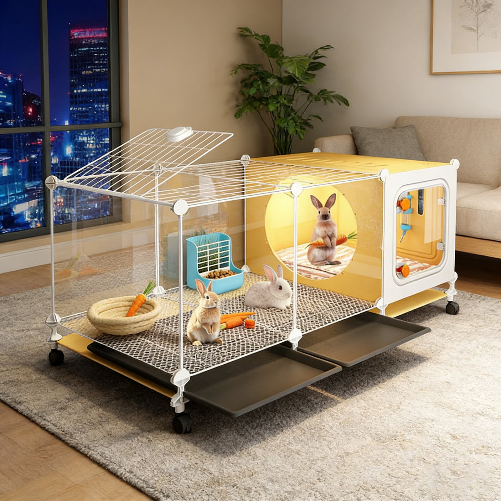 Rabbit Cage Indoor,Loft Bunny Hutch with Urine-Proof wall,Leak-Proof Trays, Wheels 41.4" Lx 17.7" Wx17.7 H for Rabbits Chinchillas, Guinea Pig and Small Animal