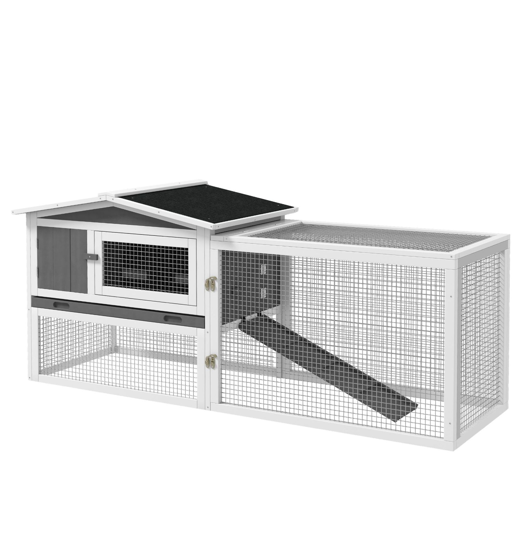 Rabbit Cage Outdoor, 2 Levels Bunny Hutch Outdoor Rabbit Pen w Slide Out Tray Detachable Run Small Animal House Light Grey