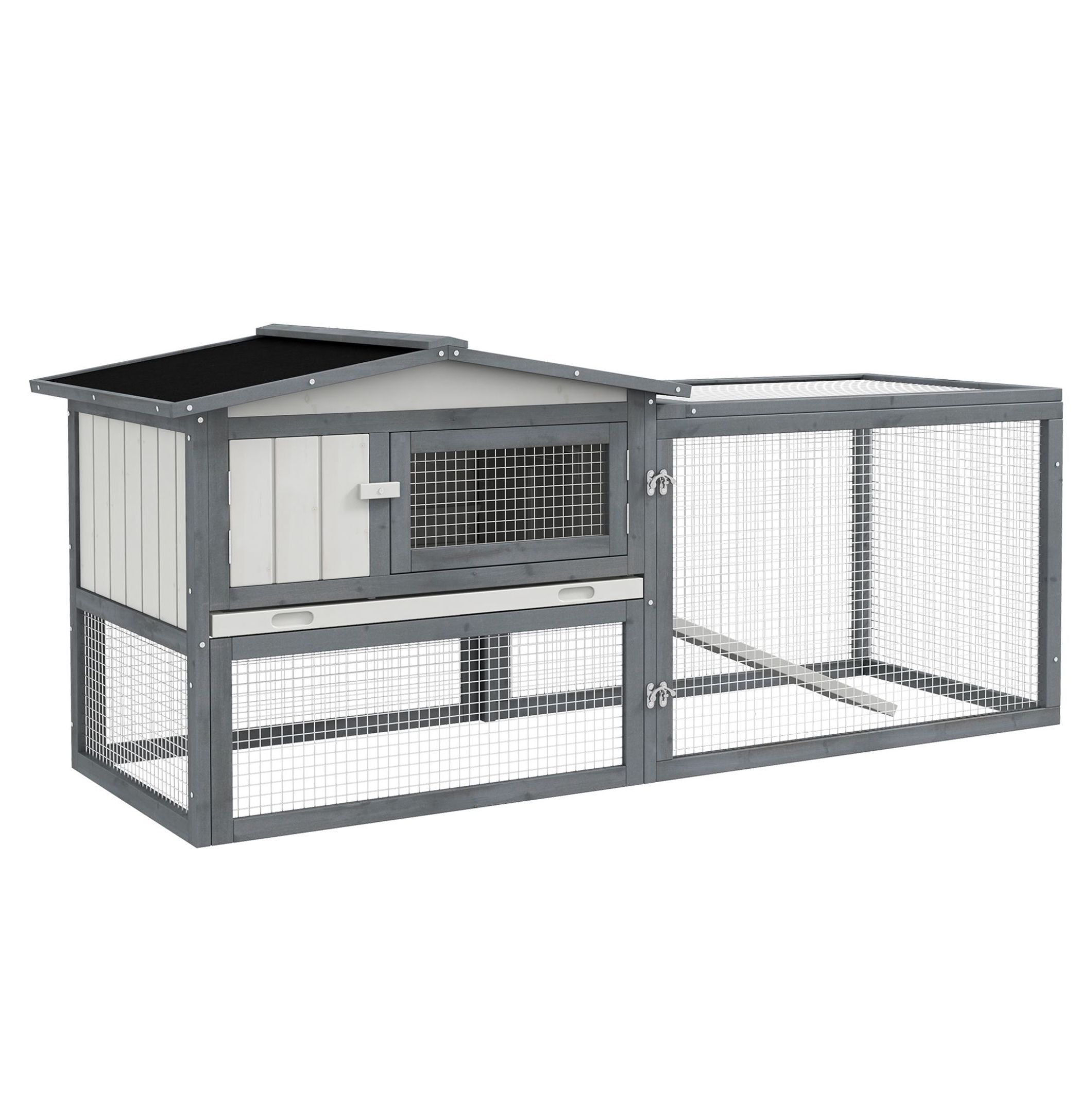 Rabbit Cage Outdoor, Spacious Outdoor Rabbit Hutch 61" Guinea Pig Cage with Run Feeding Trough Asphalt Roof White