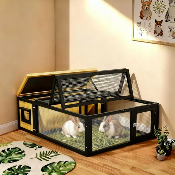 Rabbit Cage with Large Wire Mesh Activity Area and Weatherproof Nesting Box,Predator-Proof Small Pet Enclosure with Top & Side Opening Doors