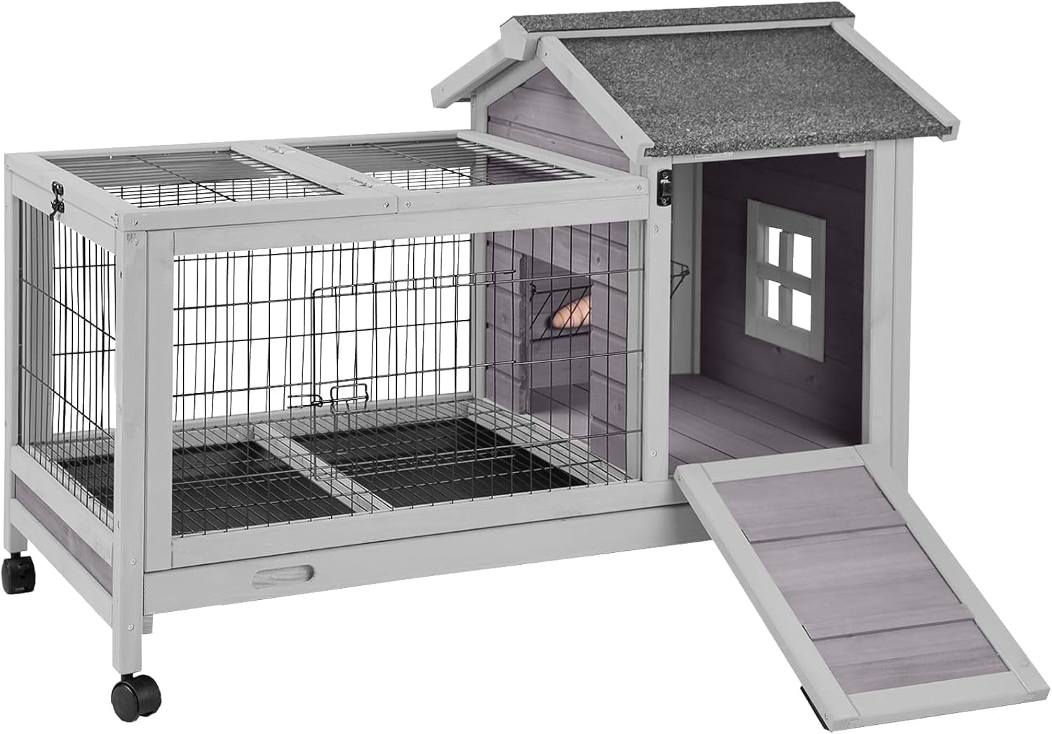 MEDEHOO Rabbit Cage with Wheels Bunny Hutch w/ Leak-Proof Tray, Rabbit Hutch for Outdoor and Indoor with Rest and Activity Area