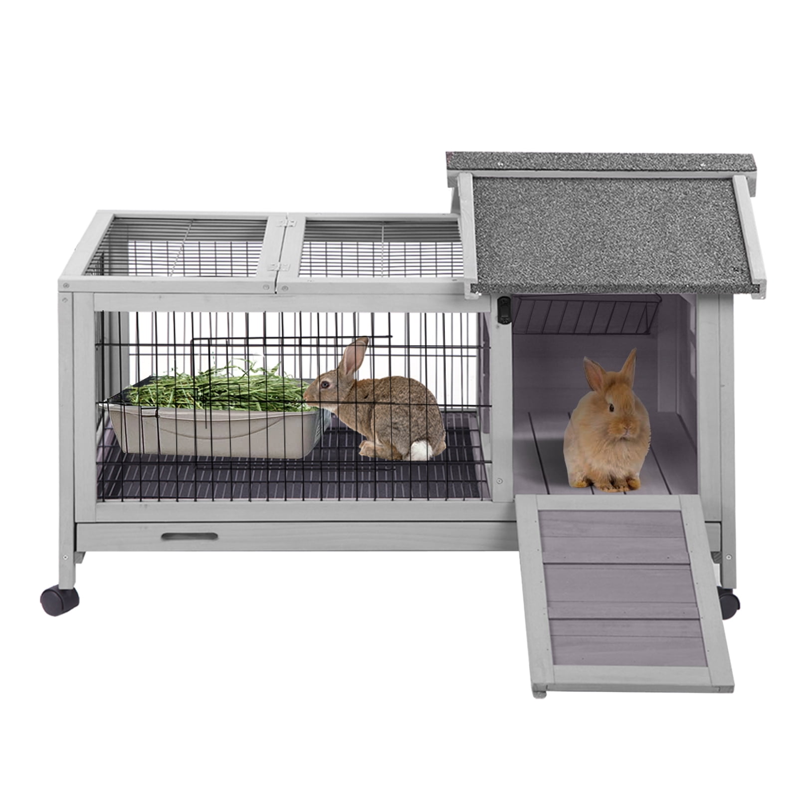 Rabbit Cage with Wheels Bunny Hutch w Leak Proof Tray Rabbit Hutch for Outdoor and Indoor with Rest and Activity Area