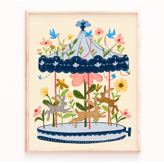 Rabbit Carousel Art Whimsical Nursery Wall Art, Nursery, Home And Gallery Wall Decor