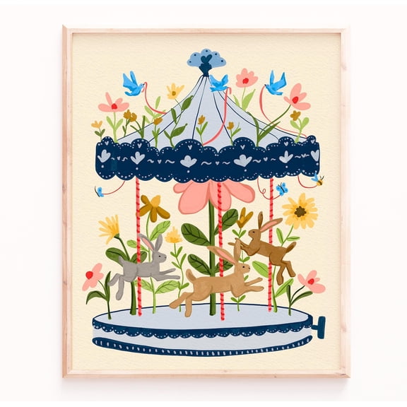 Rabbit Carousel Wall Art Print With Whimsical Nursery Home Decor