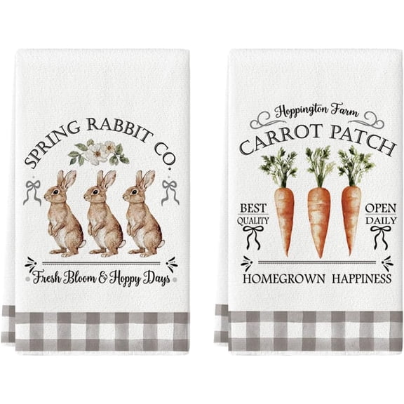 Rabbit Carrot Homegrown Happiness Flower Easter Spring Kitchen Towels Dish Towels, 18x26 Inch Farmhouse Summer Decoration Cleaning Set of 2
