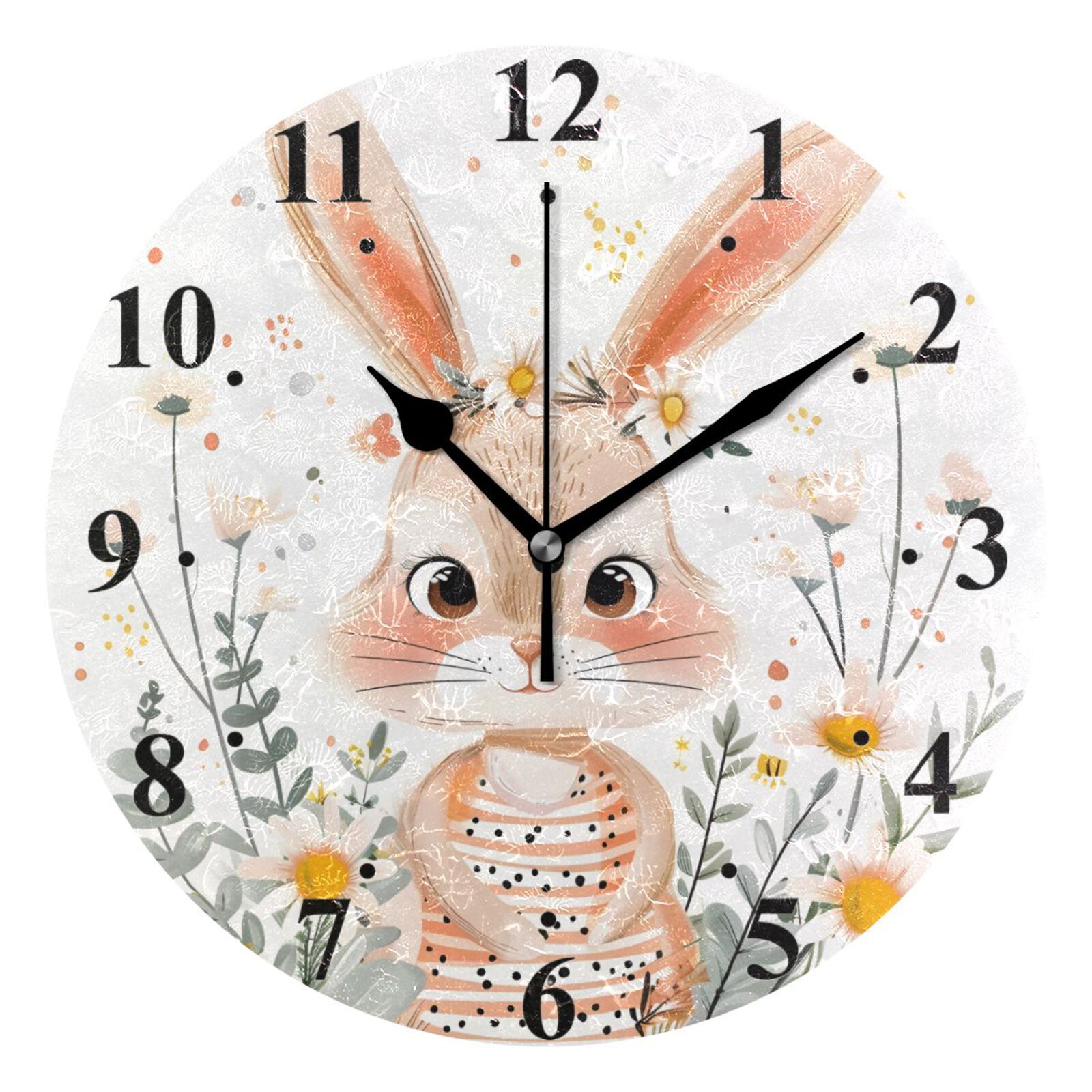 Little Rabbit With Clock Rabbit Cartoon Bunny Flowers Black 10 inch Wall Clocks Non Ticking Easy ...