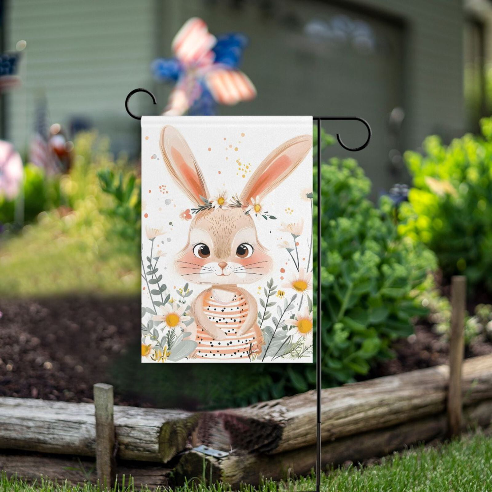 Rabbit Cartoon Bunny Flowers Garden Flag Double Sided Outdoor Banners ...