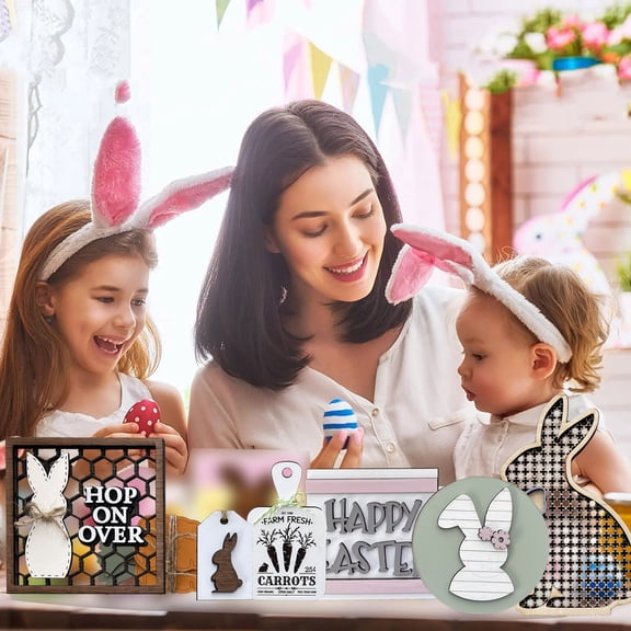 Rabbit Cartoon Printing Layered Tray Decoration, Easter Decoration Set With Plane Printing, Farm Decoration, Wood Material, Ideal For Layered Tray, Party Table Or