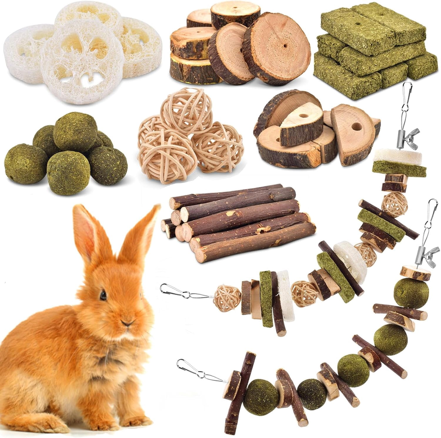 Rabbit Chew Toys, 74 PCS DIY Hamster Chew Kit Bunny Teeth Care Molar Toys Ideal for Rabbit, Guinea Pig, Chinchilla, Hamster, Squirrel, Gerbils Etc Small Rodent Pets' Teeth Grinding
