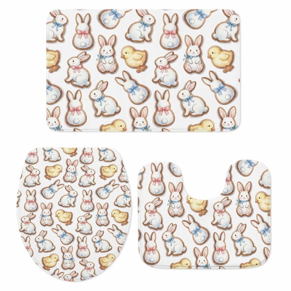 Rabbit Chicken Bathroom Rugs Set Cute Abstract Animal Biscuit Art Easter Non Slip Absorbent Soft Bath Mats 3 Piece Set with Bathroom Rug, U-Shaped Floor Mat, Toilet Seat Cover Small Size